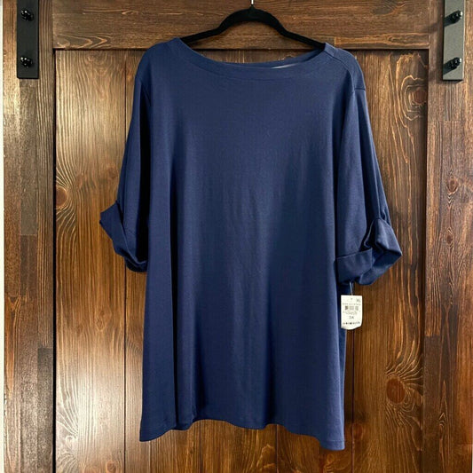 Karen Scott Plus Size Navy Blue 100% Cotton Elbow-Sleeve Top NWT.