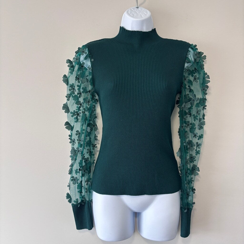 Almost Famous Size Small Green Sheer-Sleeve 3D-Flower Mock Neck Sweater NWT