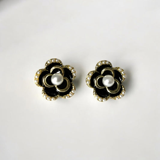 Women's Black & Gold Flower Korean Style Stud Earrings NWT
