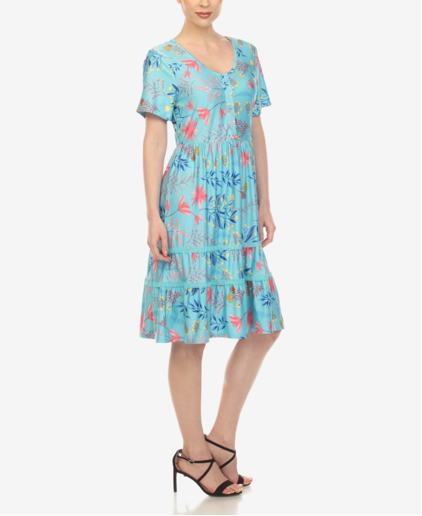 White Mark Women's Extra Large Blue Floral Short Sleeve Knee Length Dress NWT