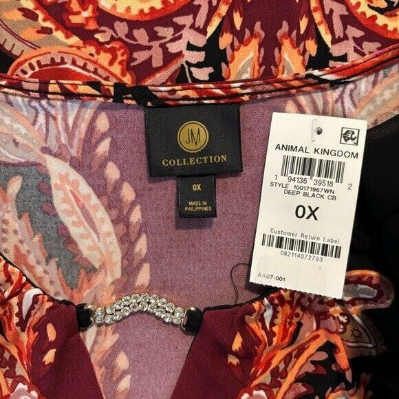 JM Collection Plus Size Printed Chiffon-Sleeve Embellished-Neck Top NWT