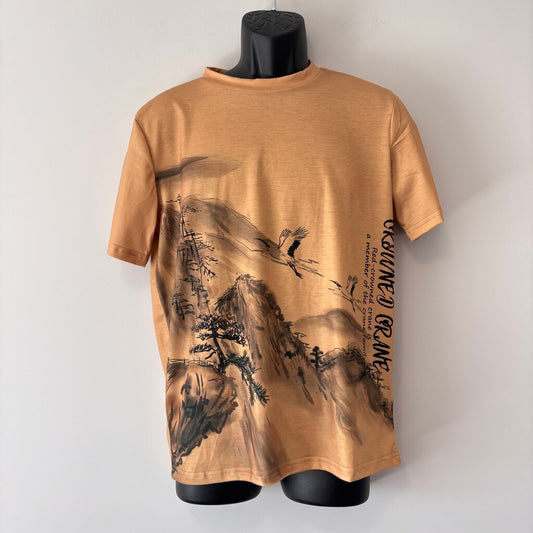 SHEIN Men's Size Small Beige and Black Mountain Graphic Short Sleeve Tee NIB