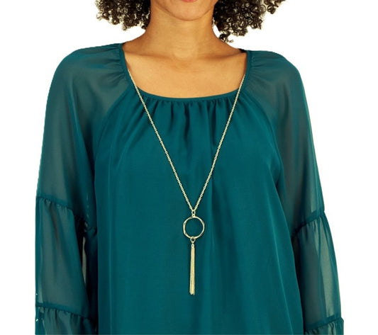 JM Collection Small Petite Teal Chiffon Long Tier-Sleeve Necklace Blouse NWT