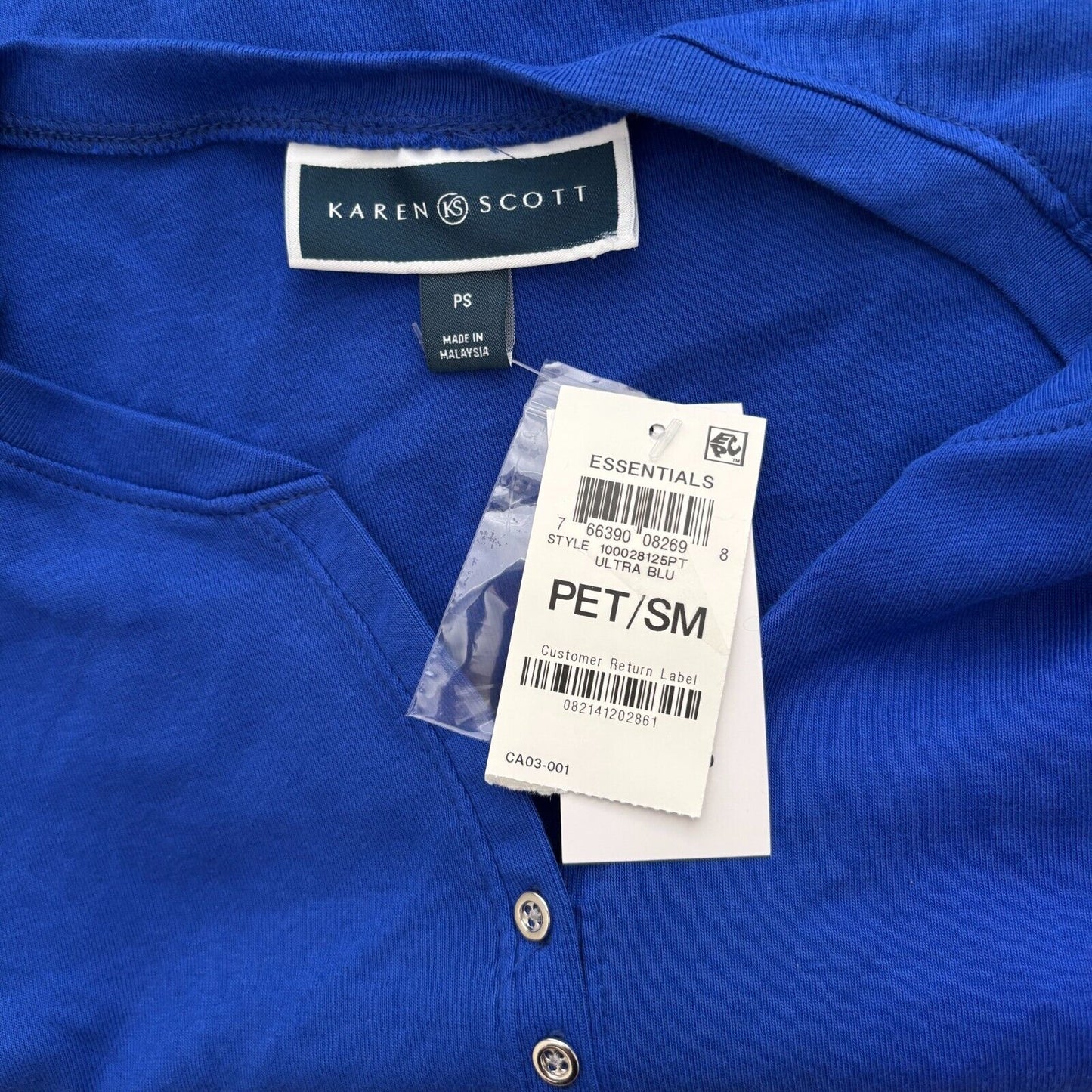 Karen Scott Women's Petite Bright Blue 100% Cotton Henley Top NWT