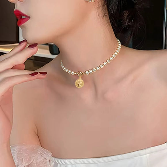 Women's Faux Pearl Choker Necklace Toggle Clasp with Coin Charm Pendant NWT