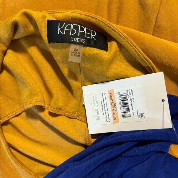 KASPER Plus Size Quinn Blue and Gold Colorblocked Split-Sleeve Dress NWT