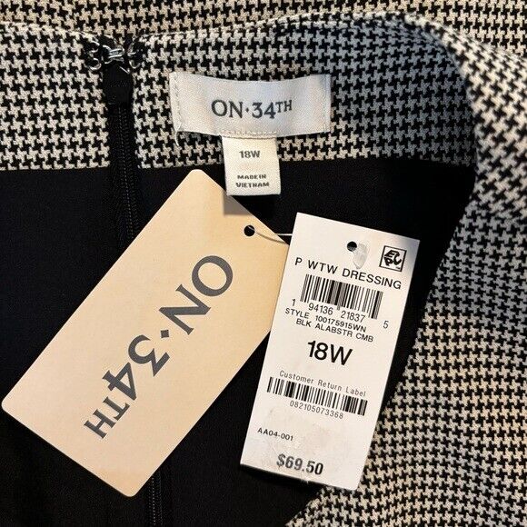 On 34th Plus Size White and Black Houndstooth Double-Weave Sheath Dress NWT