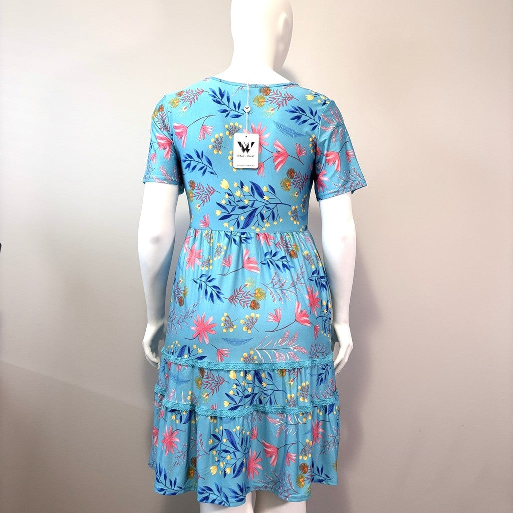 White Mark Women's Extra Large Blue Floral Short Sleeve Knee Length Dress NWT