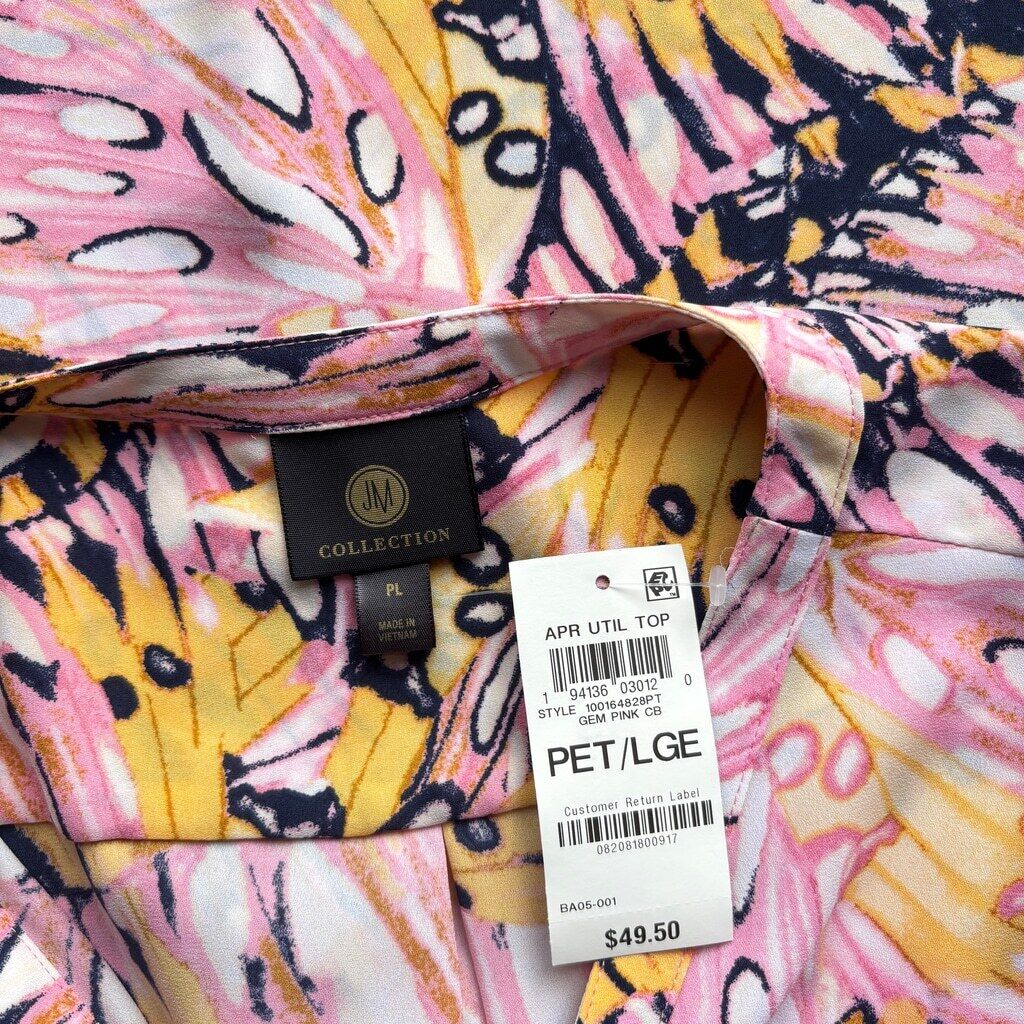 JM Collection Women's Large Petite Pink Butterfly Field Printed Utility Top NWT