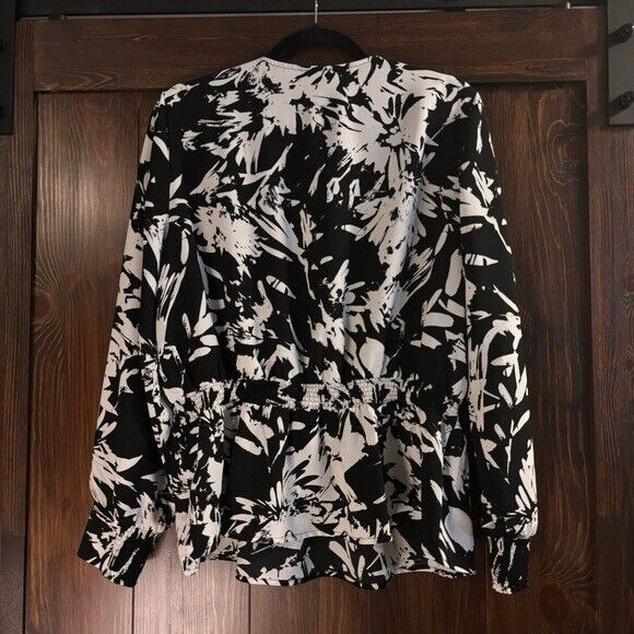 Alfani Petite XL White & Black Printed Smocked Blouson Long-Sleeve Top NWT
