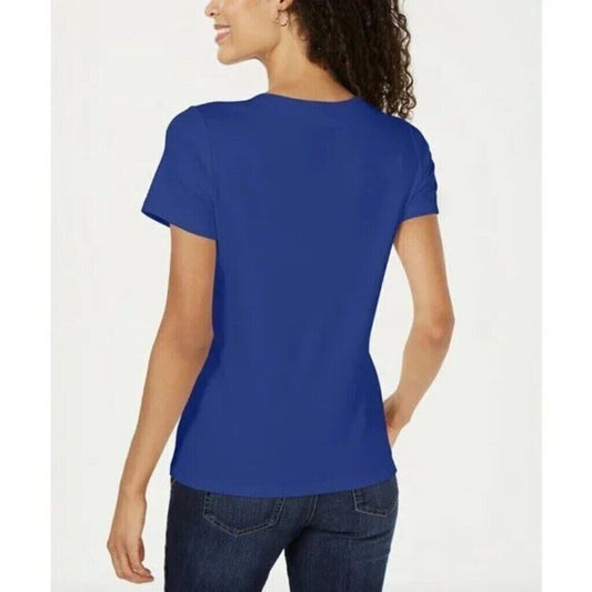 Karen Scott Women's Petite Bright Blue 100% Cotton Henley Top NWT