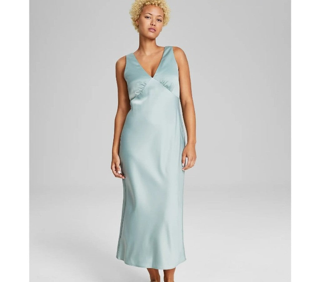 And Now This Women's Size Medium Green Satin Sleeveless Maxi Formal Dress NWT