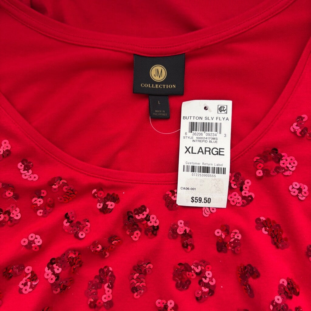 JM Collection Women's Extra Large Red Embellished Cold Shoulder Top NWT
