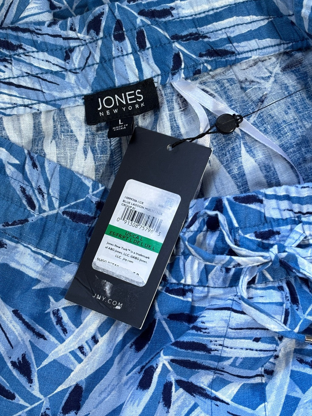 Jones New York Size Large Blue Tropical Leaf Drawstring Waist Linen Pants NWT