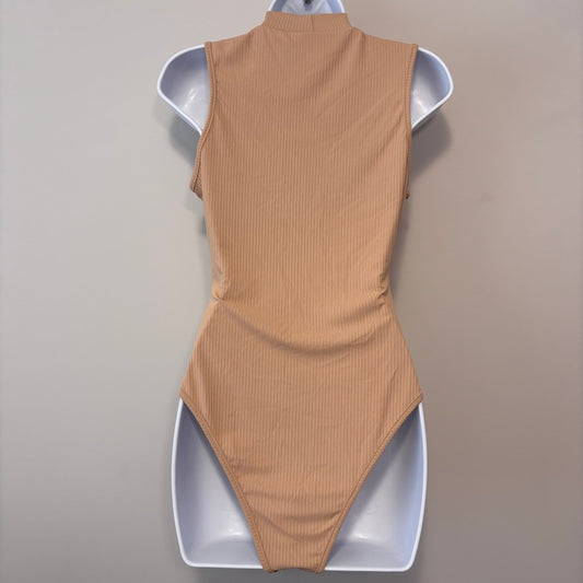Shein Women's Size Medium Beige Brown Sleeveless Ribbed Bodysuit NIB