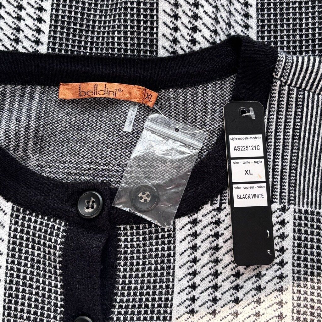Belldini Women's XL Black & White Checkerboard Houndstooth Cardigan Sweater NWT