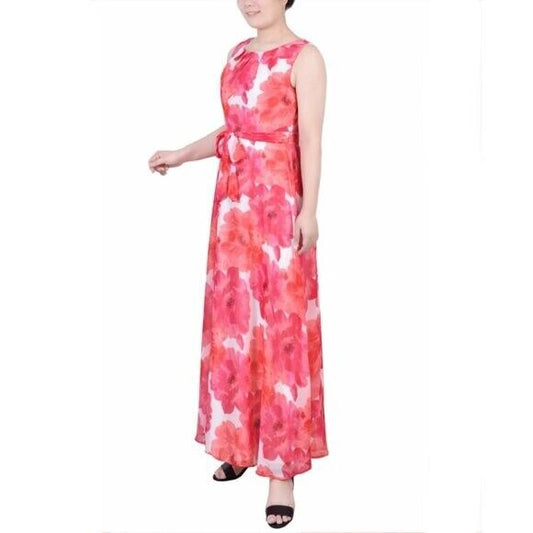 NY COLLECTION Large Petite Sleeveless Belted Chiffon Pink Floral Maxi Dress NWT