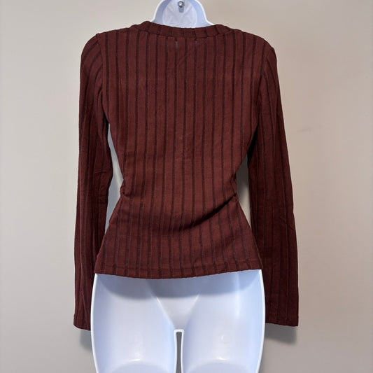 Shein EZWear Women's Size Small Brown Ribbed Long Sleeved V-Neck Top NIB