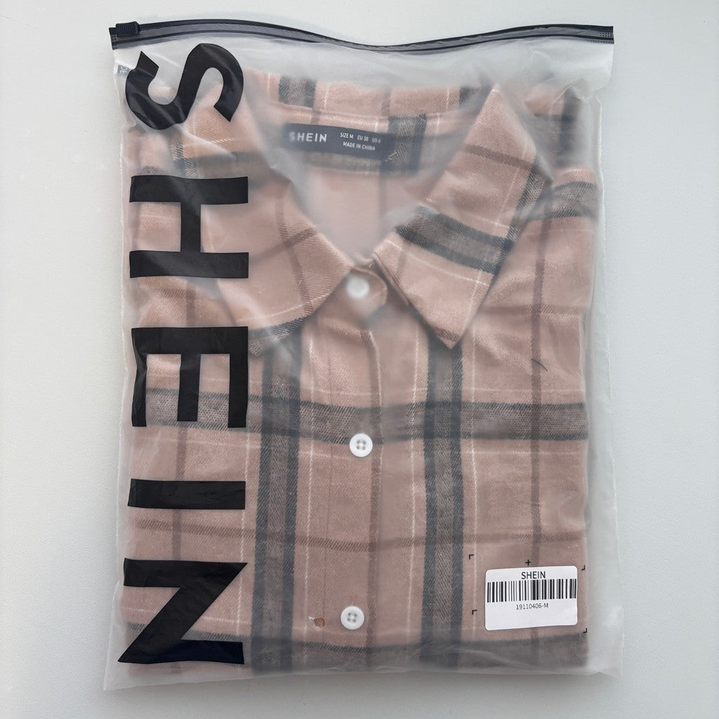 Shein Women's Size Medium Beige & Brown Plaid Button-Down Collard Shirt NIB