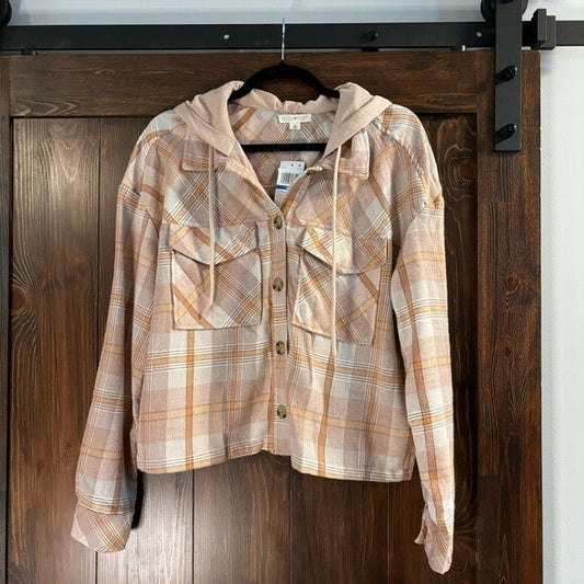 Ultra Flirt Juniors Size XL Tan Plaid Comfy Long Sleeve Hoodie Jacket NWT