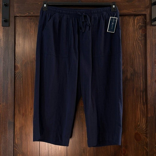 Karen Scott Petite Solid Quinn Cotton Navy Blue Capri Pants NWT
