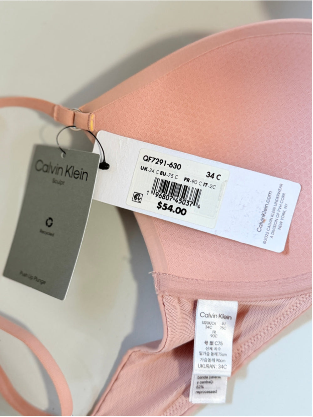 Calvin Klein Women's Size 34C Light Pink Sculpt Push-Up Plunge Bra NWT