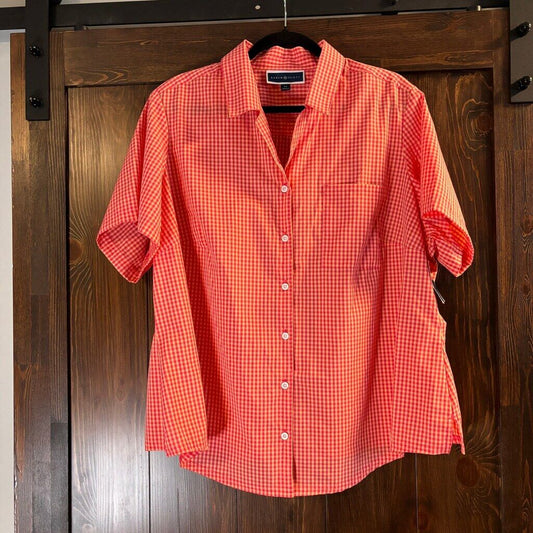 Karen Scott Women's Plus Size Red & Peach Gingham Button-Down Shirt NWT