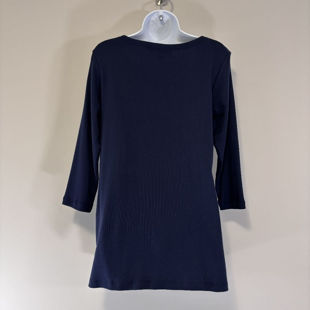 Karen Scott Women's Medium 100% Cotton Navy Blue Boat-Neck 3/4-Sleeve Top NWT