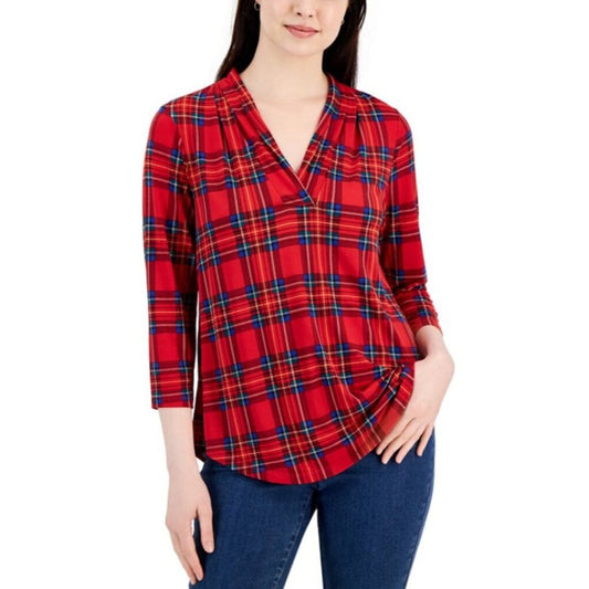 Charter Club Women's Red Traditional Plaid Pleated V-Neck Top NWT