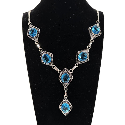 Blue Topaz Gemstone Ethnic Handmade Necklace - 925 Silver Plated NWT