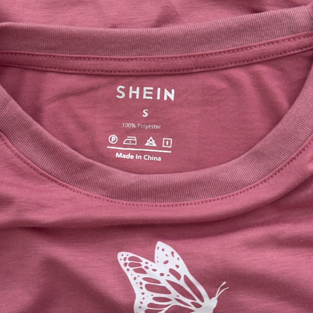 Shein Women's Small Pink w/ White Butterfly Oversized Short Sleeve T-Shirt NIB