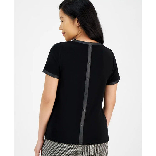 Anne Klein Women's Petite Large Black Short-Sleeve Button-Back Crewneck Top NWT