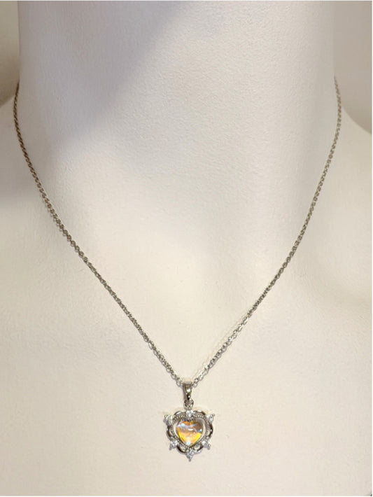 Opalescent Style Heart Pendant Necklace with a Silver Tone Chain NWT