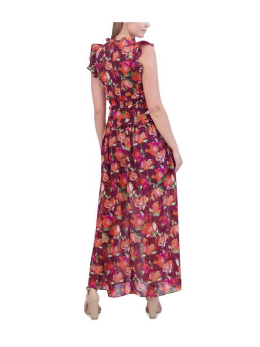 Vince Camuto Women's Burgundy Floral Ruffle Chiffon Maxi Dress NWT