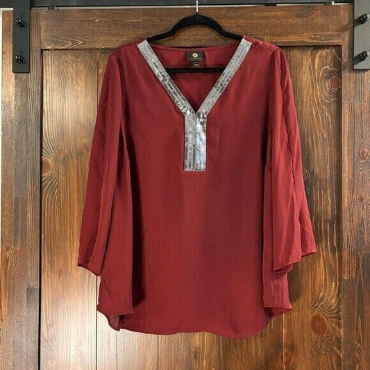 JM COLLECTION Plus Size Burgundy Sequined-Neck 3/4-Sleeve Top NWT