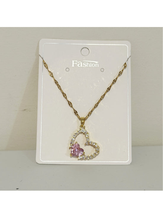 Gold Coloured Necklace with Heart Charm w/ White and Pink Crystals NWT