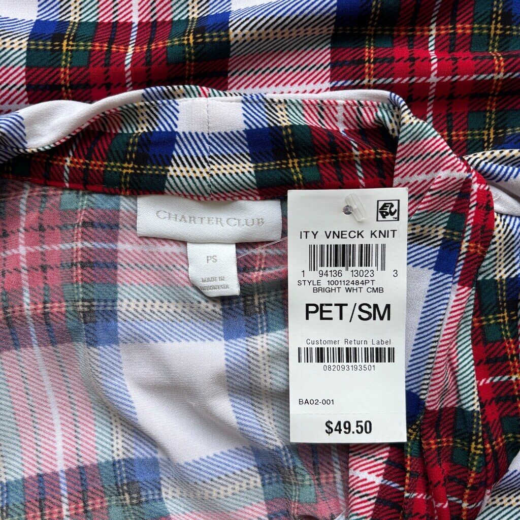 Charter Club Women's Small Petite Colorful Plaid Pleated-Neck 3/4-Sleeve Top NWT