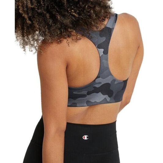 CHAMPION Women's XS Soft Touch Black and Grey Camo Light-Support Sports Bra NWT