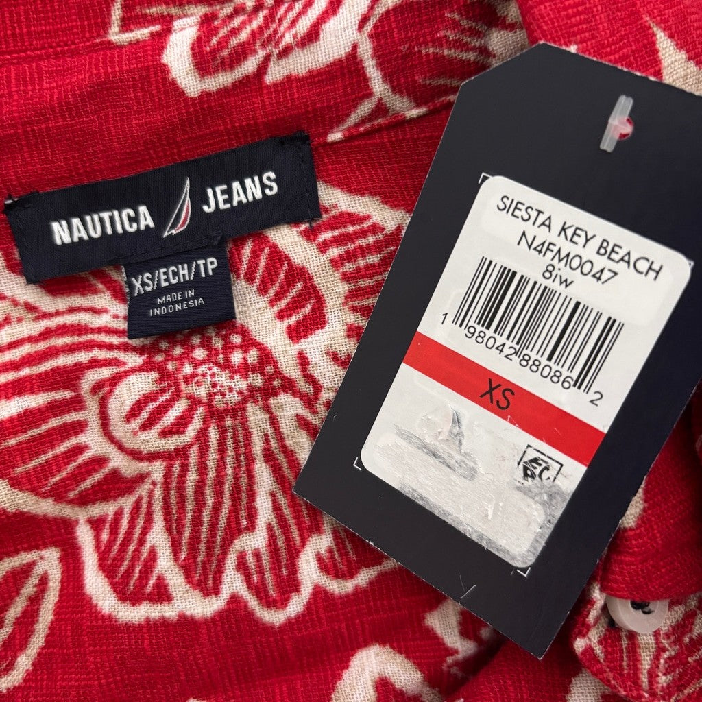 Nautica Jeans Women's XS Red Floral Print Crochet Trim Short Sleeve Shirt NWT