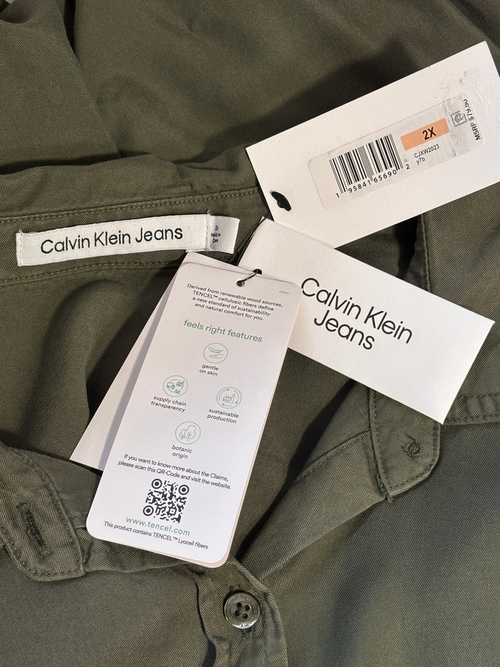 Calvin Klein Jeans Plus Size 2X Olive Green Button-Down Utility Shirt NWT