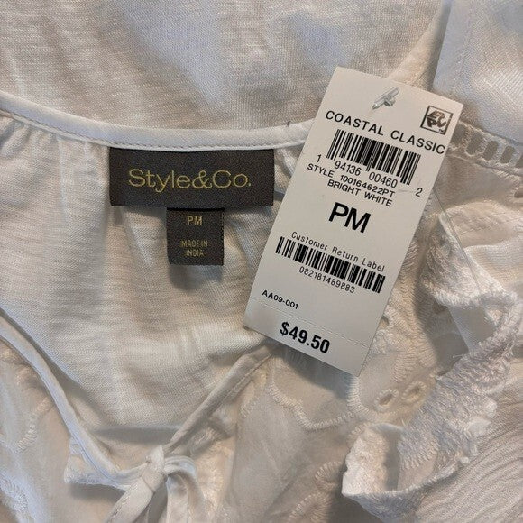 Style & Co. Petite Medium White Eyelet Lace Sleeveless Peasant Blouse NWT