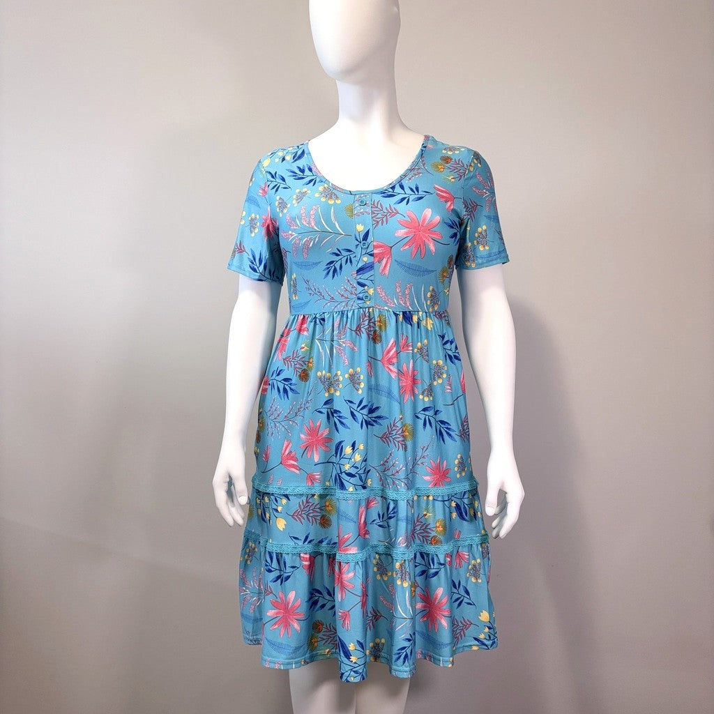 White Mark Women's Extra Large Blue Floral Short Sleeve Knee Length Dress NWT