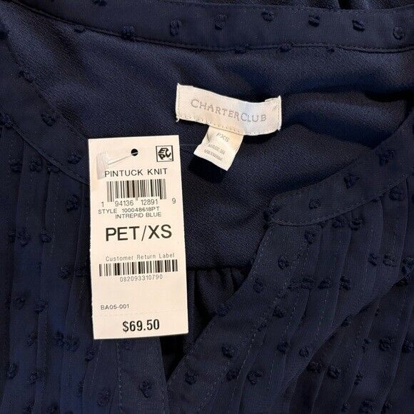 CHARTER CLUB Women's Textured Pintuck Navy Blue Chiffon Top NWT