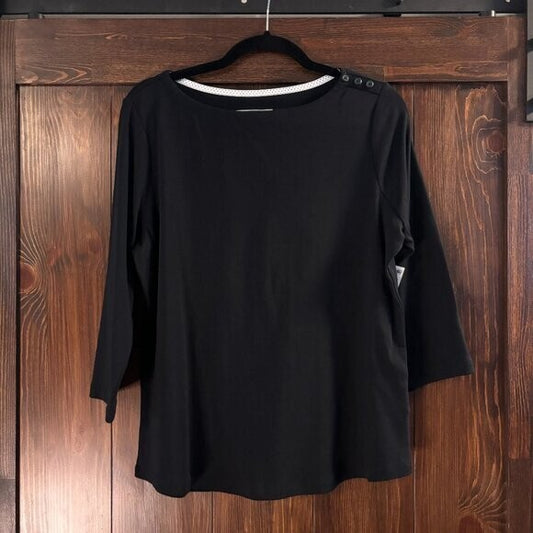 Charter Club Petite Black Pima Cotton Button-Shoulder 3/4 Sleeve Top NWT
