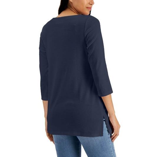 Karen Scott Women's Medium 100% Cotton Navy Blue Boat-Neck 3/4-Sleeve Top NWT