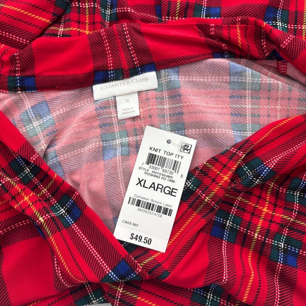 Charter Club Women's Red Traditional Plaid Pleated V-Neck Top NWT