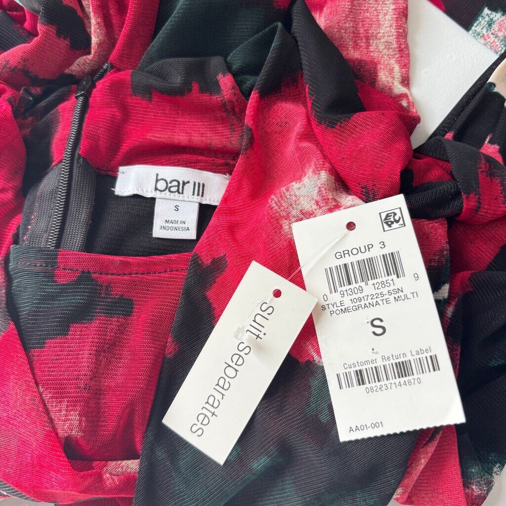 Bar III Women's Small Red Printed Twisted Mock Neck Long-Sleeve Mesh Top NWT