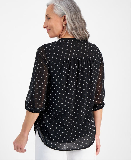 Jones New York Medium Petite Black & White Printed V-Neck 3/4-Sleeves Blouse NWT