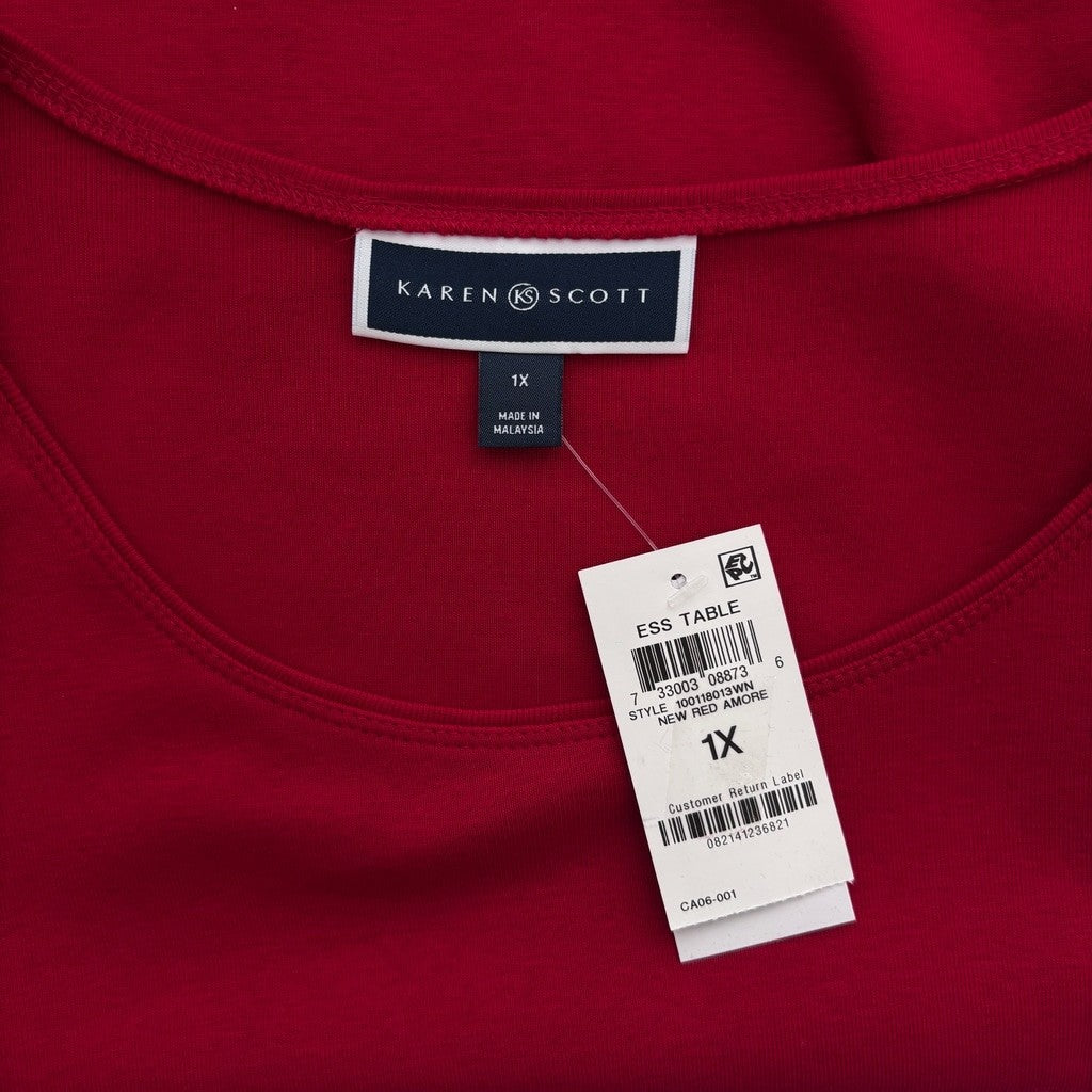 Karen Scott Plus Size 1X Red 100% Cotton 3/4 Sleeve Scoop-Neck Top NWT