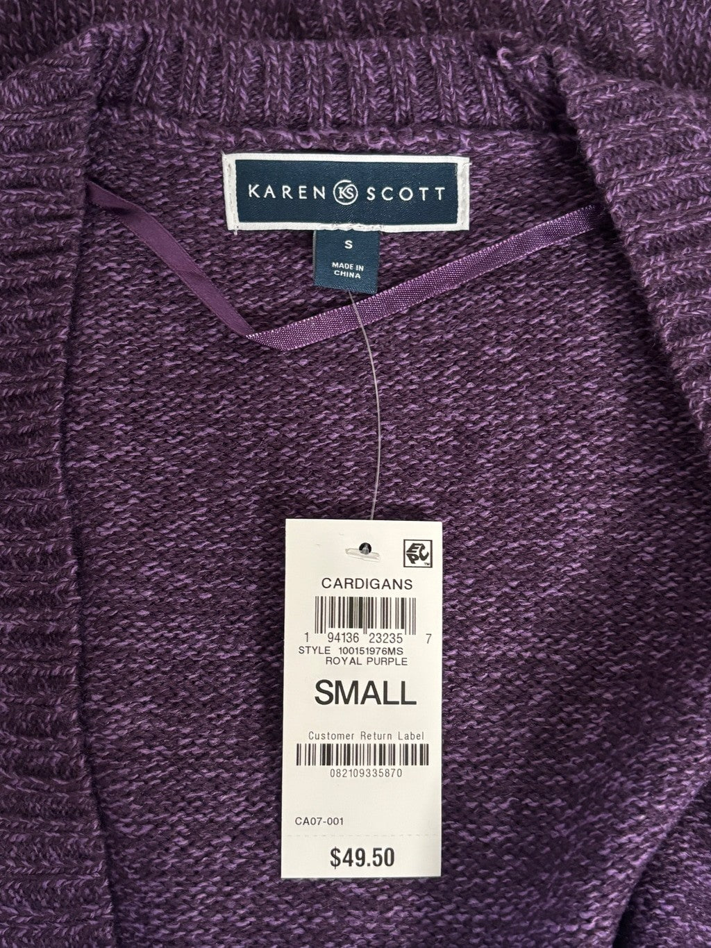Karen Scott Size Small Purple Open Front Cable-Knit Cardigan Sweater NWT